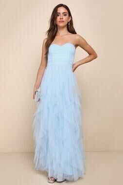Lulus Women’s Delightful Beauty Blue Mesh Strapless Ruched Ruffled Dress Small
